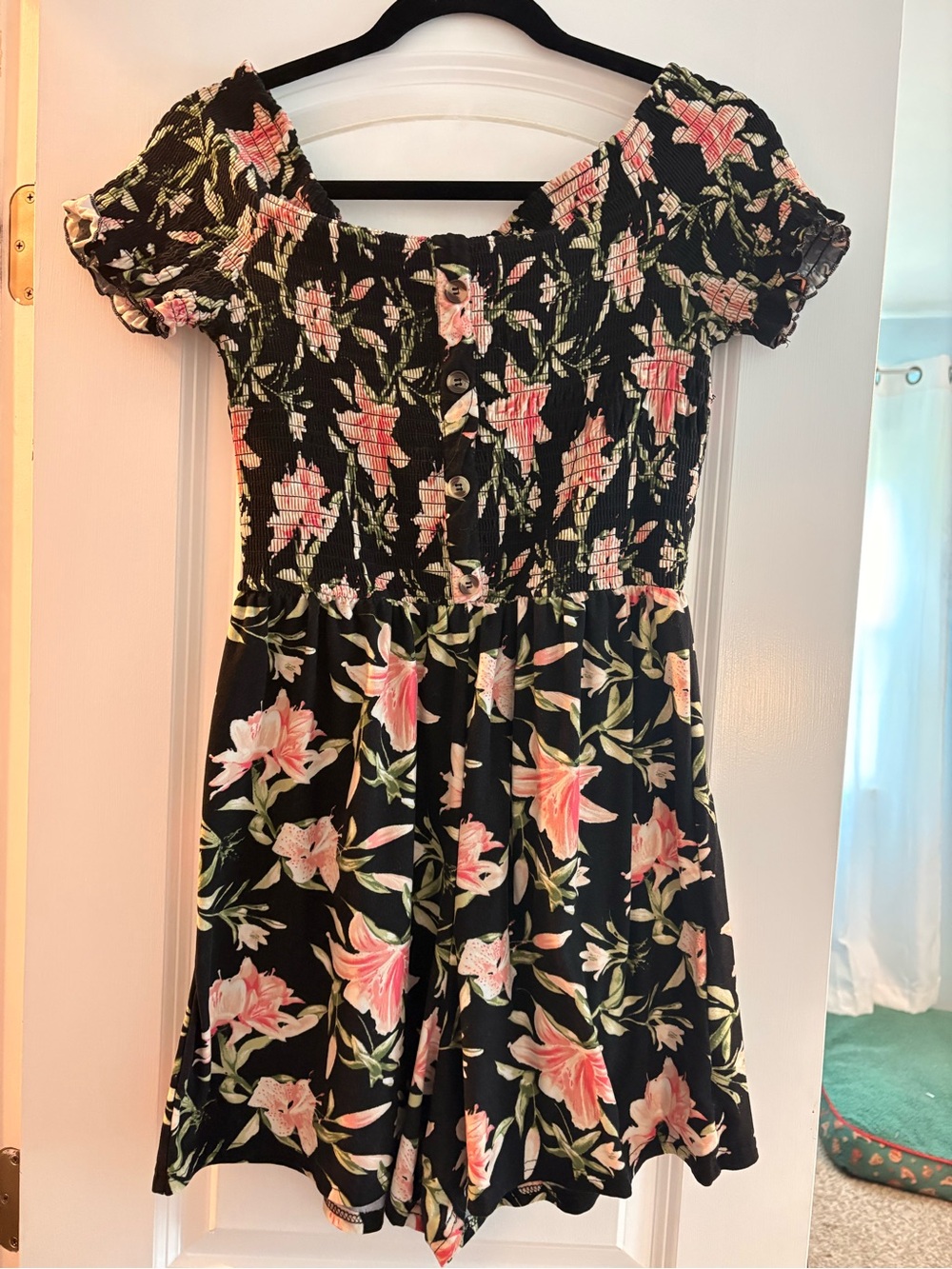 J for Justify Black Floral Romper with Pink and Green Print